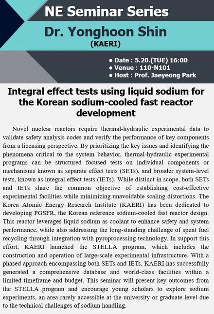 Integral effect tests using liquid sodium for the Korean sodium-cooled fast reactor development - Yonghoon Shin(KAERI)
