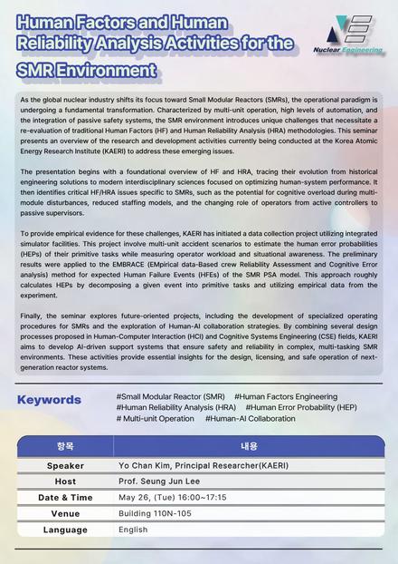 Human Factors and Human Reliability Analysis Activities for the SMR Environment, Yo Chan Kim (KAERI)