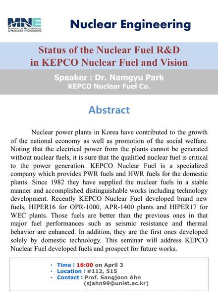 [NUE] Status of the Nuclear Fuel R&D in KEPCO Nuclear Fuel and Vision