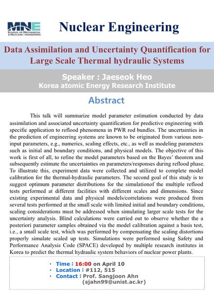 [NUE] Data Assimilation and Uncertainty Quantification for Large Scale Thermal Hydraulic Systems